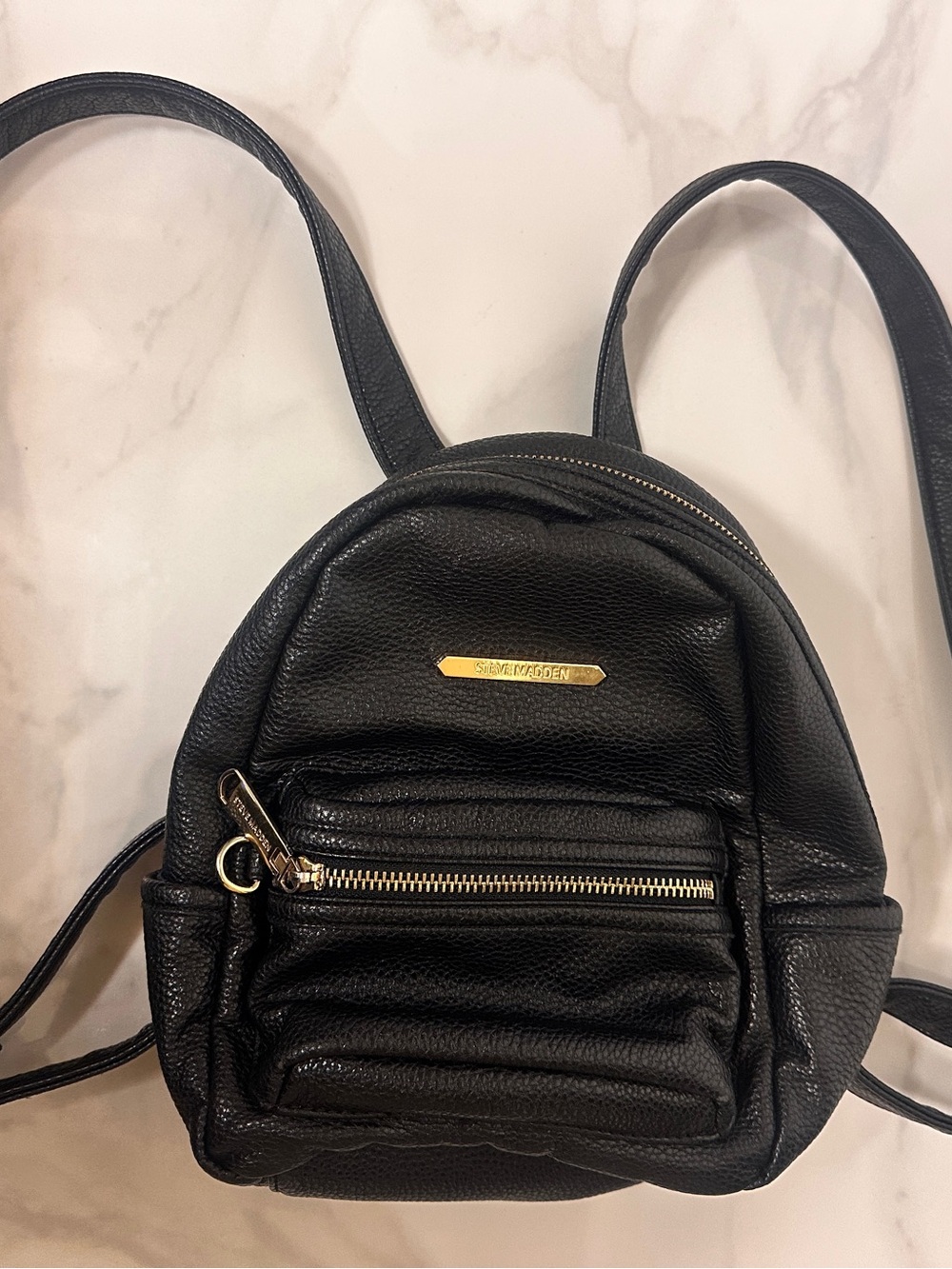 Steve Madden Black Pebbled Faux Leather Mini Backpack with Gold Hardware